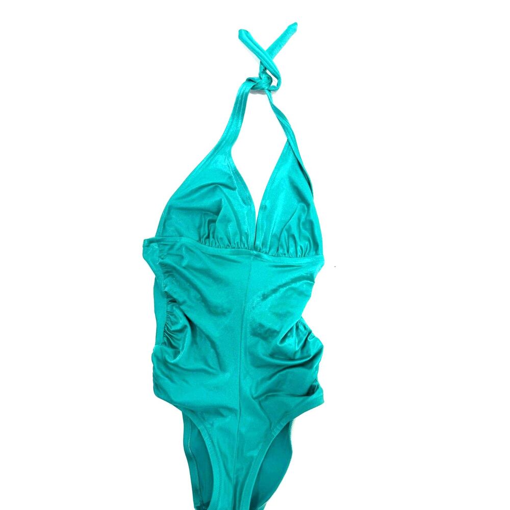 DeWeese Design vintage teal bathing suit - tie halter w/rouched sides - 70s/80s - Picture 2 of 8